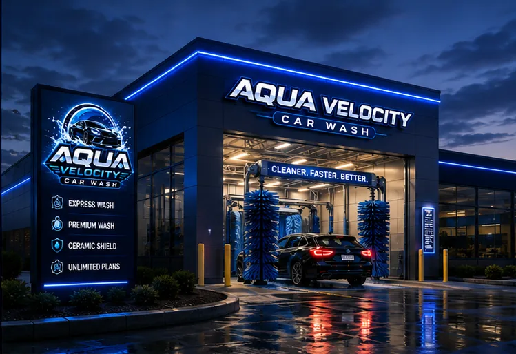 The Aqua Velocity forecourt at dusk, a car mid-wash under blue brushes.